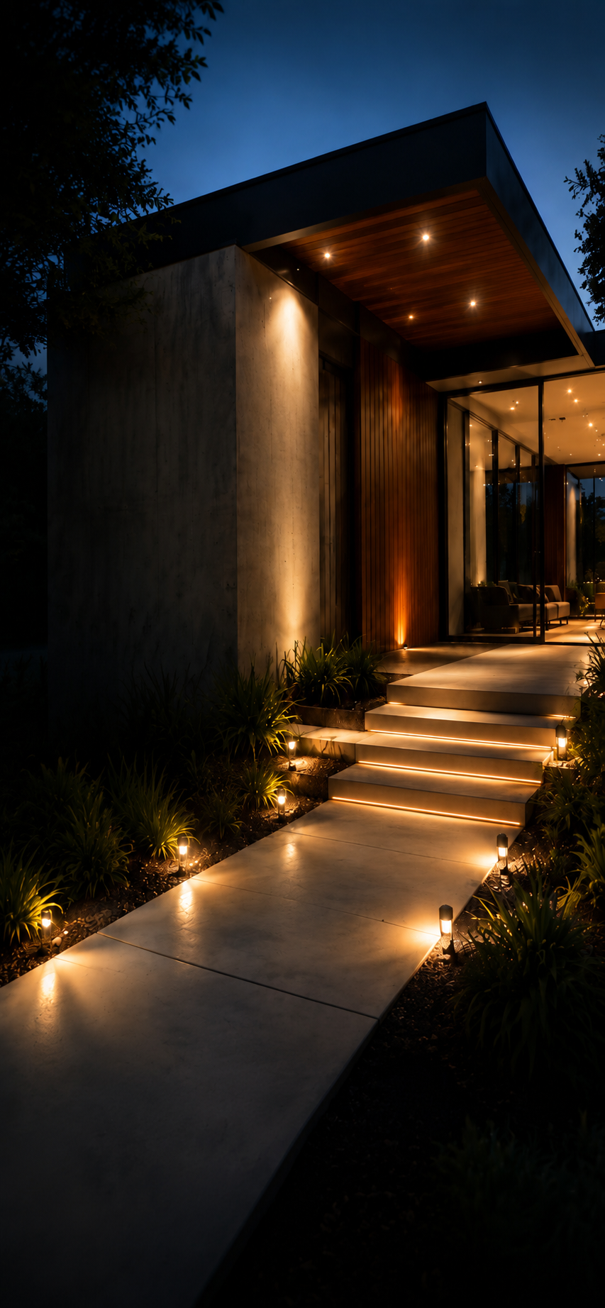 Modern desert residence with warm landscape lighting at dusk